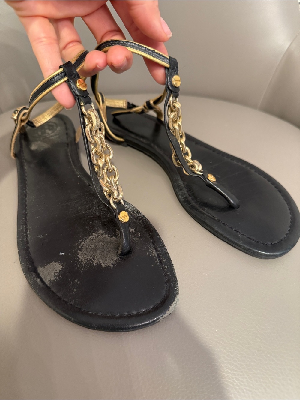 Tory Burch Black and Gold Chain T-Strap Women's Sandals size 8